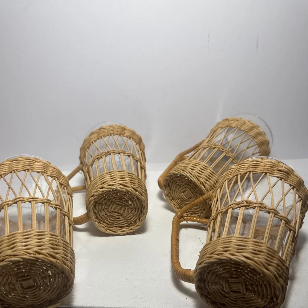 Wicker Glass Mugs Set of 4 Tan Boho Rattan Sleeves Cottagecore